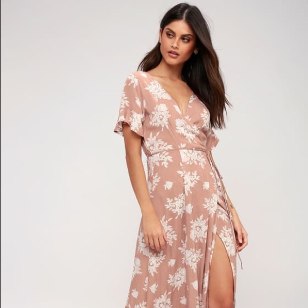 Lulu's Mauve Pink Floral Print Wrap Maxi Dress